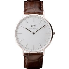 Daniel Wellington Mens York Classic Analog Stainless Watch - Dark Brown Leather Strap - White Dial - 0211DW