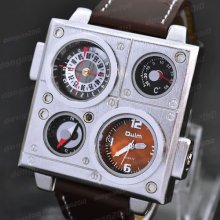 Delicate Quartz Movement Stainless Compass Double Dial Men Wrist Watch Leather