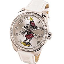 Disney by Ingersoll Womens Classic Minnie Mouse Diamante Stainless Watch - White Leather Strap - Graphic Dial - IND25741