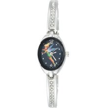 Disney Women Tinkerbell Blue Dial Silver Tone Half Bangle Link Watch Oval