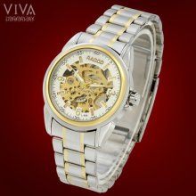 Double Scale White Dial Mechanical Skeleton Automatic Steel Men's Band Watch
