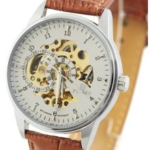 Elegant Mens Brown Leather Watch Automatic Skeleton Mechanical Watch