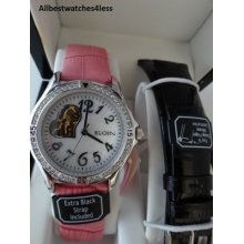 Elgin Eg210st Pink W/extra Black Leather Strap Crystal Accented Women's Watch