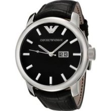 Emporio Armani Black Dial Leather Mens Watch