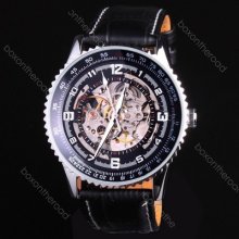 Fashion Decent Business Men Black Leather Tourbillon Automatic Mechanical Watch