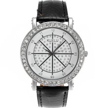 Fashion Lady Black Leather Strap Crystal Quartz Wrist Watch