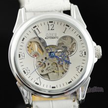 Fashion White Automatic Mouse Pattern Lady Womens Skeleton Dress Watch Gift