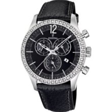 Festina Women's Quartz Watch With Black Dial Chronograph Display And Black Leather Strap F16590/4