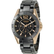 Fossil Black Ceramic Multifunction Watch Ladies Rose Gold Wristwatch
