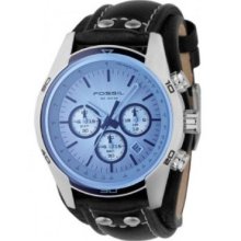 Fossil Blue Glass Chronograph Black Leather Strap Mens Watch CH2564