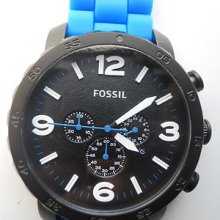 Fossil Chronograph Mens Watch With Blue Silicon Rubber Band.