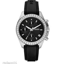 Fossil Es2882 Women Watch With Crystals Accent On Dial, Black Silicone Band