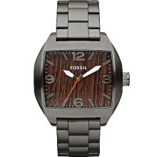 Fossil Men’s Jr1361 Roland Stainless Gunmetal Bracelet Wood Dial Watch Auth