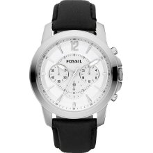 Fossil Mens Grant Chronograph Stainless Watch - Black Leather Strap - White Dial - FS4647