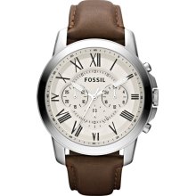 Fossil Mens Grant Chronograph Stainless Watch - Brown Leather Strap - Beige Dial - FS4735