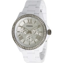 FossilÂ® White Ladies White Acetate and Silver-Tone Stainless Steel Retro Traveler Chronograph Glitz Watch