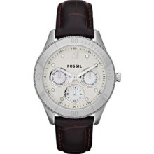 Fossil Womens Stella Crystal Chronograph Stainless Watch - Brown Leather Strap - Beige Dial - ES3103