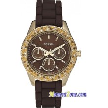 Fossil Womens Stella Glitz Chronograph Stainless Watch - Brown Rubber Strap - Brown Dial - ES2897