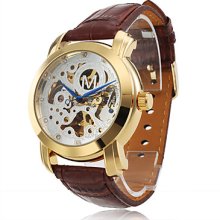 Full Automatic Mechnical Brown Leather Band Wrist Watch with Silver Hollow Engraving Dial