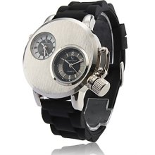 Gemini - Dual PC Dual Movement Black Dial Silver Case Black Silicone Band Wrist Watch