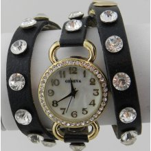 Geneva Ladies Black Leather with Rhinestones Gold-Toned Crystal Face Wrap Watch - Adjustable - Gold Tone - Black