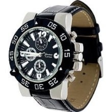 Geneva Platinum 6307 Men's Genuine Leather Strap Watch-BLK/BLK