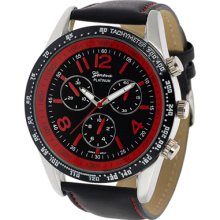 Geneva Platinum Mens Chronograph Style Genuine Leather Watch w/Red Dial Black 11