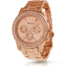 Geneva Rose Gold Plated Classic Round CZ Ladies Watch