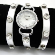 Geneva Silver Metallic Shiny Wrap Around Leather Crystal Bezel Women's Watch