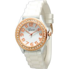 Geneva White Rose Gold Face Silicone Rubber Jelly Watch With Crystals