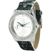 Geneva Women's Fashion Watch In White/black Lace Bands And Silver Color Rose