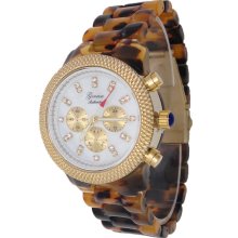 Genuine Tortoise Shell Watch w/ Gold Bezel & Mother of Pearl Face & Chronograph