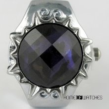 Gift Dark Blue Faceted Glass Cover Metal Elastic Finger Ring Quartz Watch