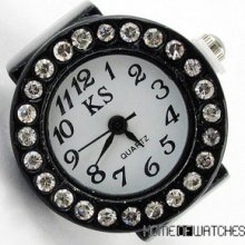 Gift Fashion Round Dial Crystal Elastic Finger Black Ring Watch Quartz