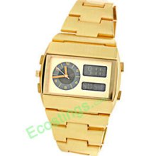 Golden Men's Digital Quartz Wrist Watch Dual Time Zone