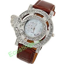 Good Brown Leather Band Rhinestone Butterfly Watch Case Ladies Watch