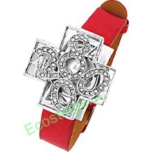 Good Jewelry Leather Band Silvery Cross Watchcase Lady Watches