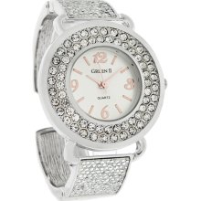 Gruen II Ladies Crystal Ice Bezel Silver Tone Hinged Cuff Quartz Watch GRT905