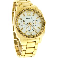 Gruen II Ladies Crystal White Dial Chrono Design Gold Tone Bracelet Watch GRT904