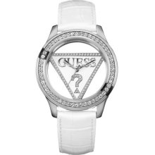 Guess Swarovski Ss ? Triangle Logo White Leather Strap Lady Watch U95114l1