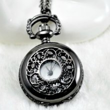 Hot Black-lead Color Flower Quartz Pocket Watch Necklace Chain Pendant Necklace