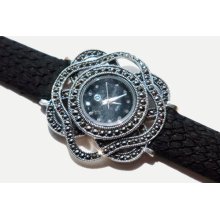 HOT PRICE Thai Handmade Silver Vintage Marcasite Watch Bracelet Wristwatches fake snake skin Leather (Black)