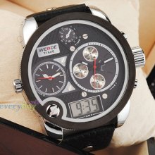 Hq Multi Function Sporty Dual Time Big Leather Mature Mens Wrist Watch Clock