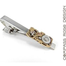 Industrial Tie Bar - Mens Watch Movement Tie Clip - Gold on Silver - Mens Steampunk Accessory