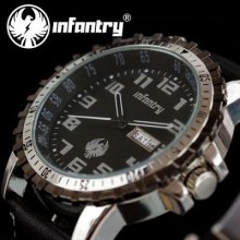 Infantry Military Police Date&day Quartz Analogue Mens Watch Black Leather Strap