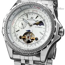 Ks Silver Steel Mens Automatic Mechanical Sport Moonphase Analog Wrist Watch
