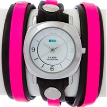 La Mer Collections Odyssey Black and Neon Pink Wrap Watch