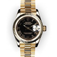 Ladies Black Roman Dial Fluted Bezel Rolex President (1026)