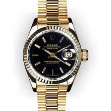 Ladies Black Stick Dial Fluted Bezel Rolex President (1007)