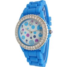 Ladies Blue Silicon Watch w/ Multi Polka Dot Print & Crystals Silver Bezel - Silver - Silver - 3